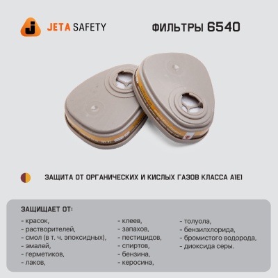 6540 Фильтр противогазовый Jeta Safety для защиты от органических и кислых газов класса A1Е1, в упаковке 2 шт